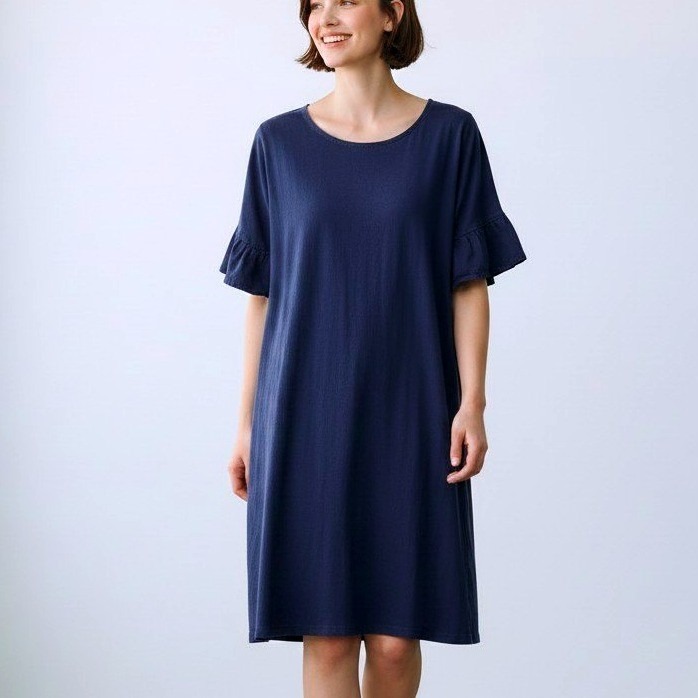 J.Crew Navy Blue Ruffle Sleeve T-Shirt Dress Womens Large Cotton Scoop Neck